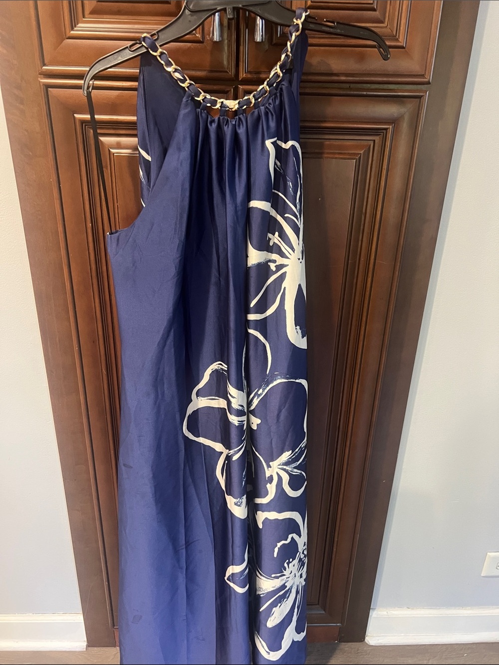 Maggy London Navy Maxi Dress with White Floral Print and Chain Neck